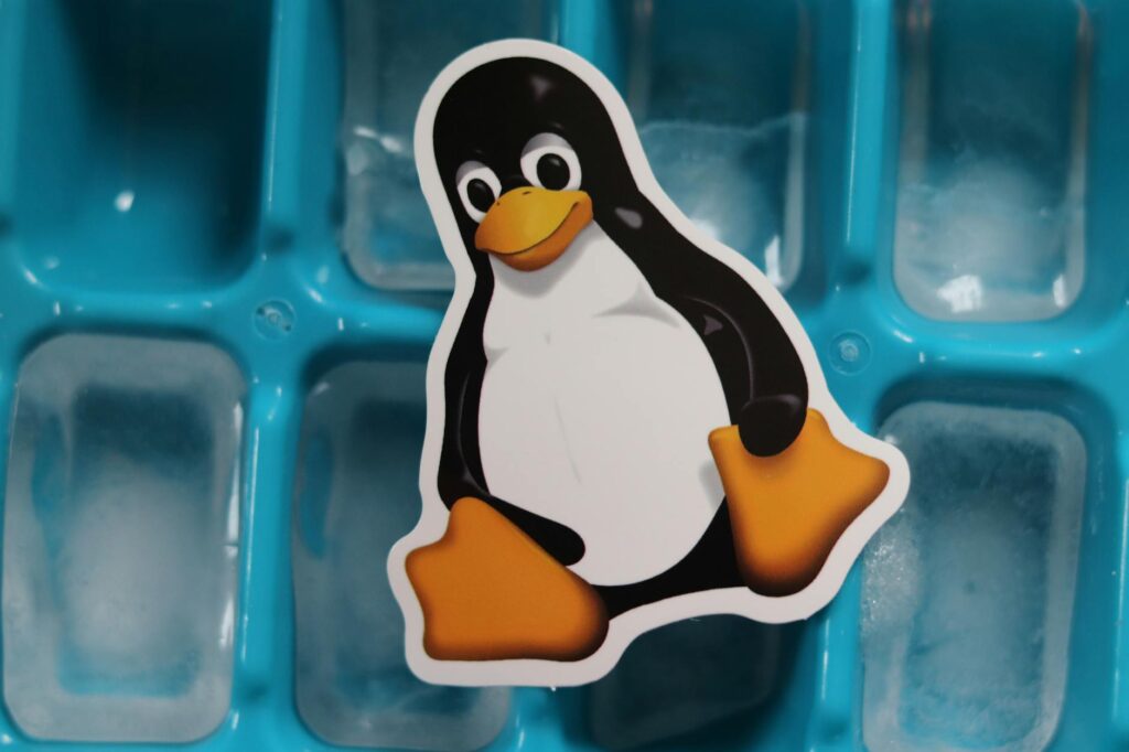 a penguin sticker on top of a blue ice cube