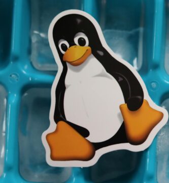 a penguin sticker on top of a blue ice cube